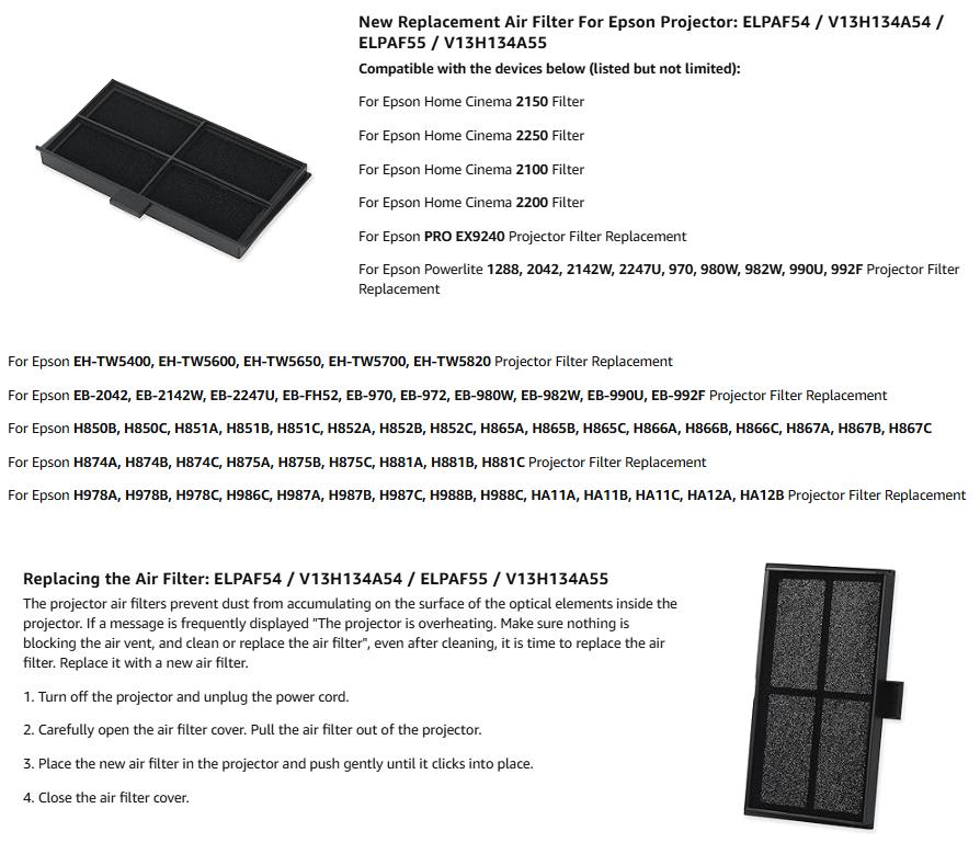 Filtro de aire para proyector  - Home Cinema Epson 2150 reseña y precio